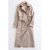 Simple Plain Belted Waist Notched Lapel Double Breasted Tunic Coat