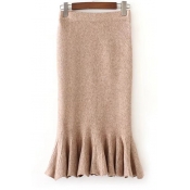 Elastic Waist Fashion Fishtail Hem Simple Plain Midi Knit Skirt