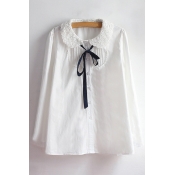 Chic Cut out Collared Bow Tie Embellished Long Sleeve Plain Shirt