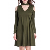 Simple Plain Chocker Neck Cold Shoulder Long Sleeve Shift Mini Dress