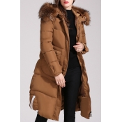 Women's Faux Fur Hooded Zip-Up Long Sleeve Longline Slim Down Coat
