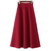 Fashion High Waist Simple Plain Midi A-Line Kitted Skirt