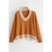 New Stylish Color Block Striped Trim V-Neck Drop Sleeve Pullover Sweater