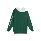 Fake Two-Piece Fashion Cold Shoulder Long Sleeve Letter Pattern Sweatshirt