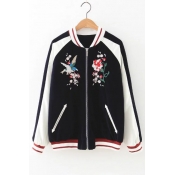 Chic Embroidery Floral Bird Pattern Stand-Up Collar Color Block Zipper Jacket