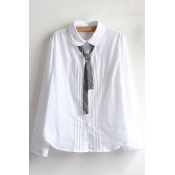 Simple Plain Striped Peter Pan Collar Long Sleeve Buttons Down Shirt with Tie