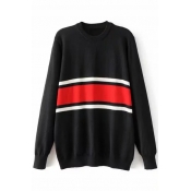 Fashion Color Block Striped Print Round Neck Long Sleeve Pullover Sweater