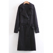 fashion Double Breasted Belted Waist Notched Collar Plain Tunic Coat
