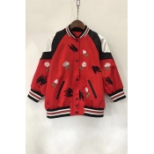 Color Block Floral Embroidered Contrast Stand-Up Collar Long Sleeve Baseball Jacket