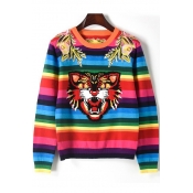 New Stylish Animal Print Color Block Embroidered Detail Round Neck Long Sleeve Pullover Sweater