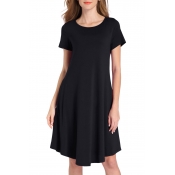 Simple Plain Round Neck Short Sleeve Asymmetric Hem T-shirt Mini Dress