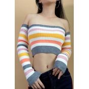 Chic Color Block Stripe Print Off Shoulder Long Sleeve Crop Pullover Sweater