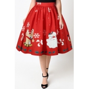 New Arrival High Waist Digital Santa Claus Pattern Midi Flared Skirt
