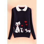 Fashion Cute Cat Sweetheart Print Peter Pan Collar Long Sleeve Pullover Sweater