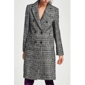 Classic Plaid Print Double Breasted Notched Lapel Tunic Coat