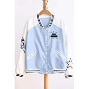 Cartoon Embroidered Contrast Striped Stand-Up Collar Long Sleeve Baseball Coat