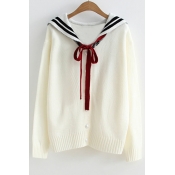 Chic Striped Navy Collar Long Sleeve Buttons Down Cardigan