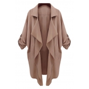 Simple Notched Lapel Collar Long Sleeve Coat with Double Pockets