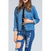 New Collared Long Sleeve Floral Embroidered Denim Jacket
