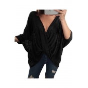 Simple Plain V-Neck Crisscross Front Batwing Long Sleeve Pullover Sweater