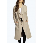 New Trendy Simple Plain Lapel Open Front Long Sleeve Trench Coat with Belt