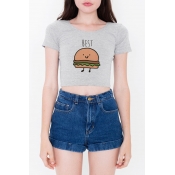 Round Neck Short Sleeves Cartoon Letter Printed Cropped Slim-Fit Tee
