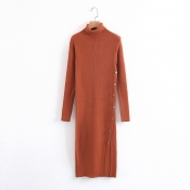 Simple Plain Long Sleeve Turtleneck Split Side Knitted Dress