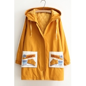 Fashion Embroidered Letter Pattern Pocket Long Sleeve Zipper Hooded Tunic Coat