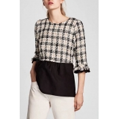 Chic Plaid Round Neck Half Sleeve Pullover Blouse