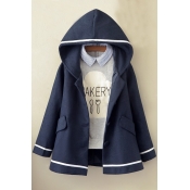 New Fashion Contrast Striped Trim Hooded Buttons Down Long Sleeve Coat
