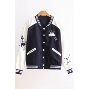 New Fashion Color Block Cartoon Embroidered Stand-Up Collar Long Sleeve Baseball Coat