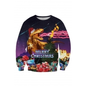 Christmas Dinosaur Patterned Round Neck Long Sleeve Sweatshirt