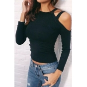 New Stylish Cold Shoulder Long Sleeve Simple Plain Tee