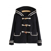 New Fashion Contrast Striped Single Breasted Long Sleeve Coat with Hood