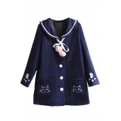 New Fashion Cartoon Cat Embroidered Long Sleeve Buttons Doewn Coat