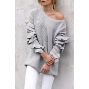 New Stylish Ruffle Long Sleeve Round Neck Plain Pullover Sweater