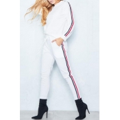 Simple Leisure Striped Side Long Sleeve Pullover Sweatshirt with Drawstring Waist Pants