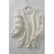 Simple Plain Faux Fur Embellished Long Sleeve Pullover Sweater