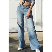 Fashionable Zip Fly Simple Plain Frayed Cuff Wide Leg Jeans