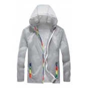 Sportive Rainbow Trimmed Long Sleeves Zippered Hooded Jacket with Zipped-Pockets