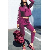 Fashion Letter Print Long Sleeve Hoodie Ripped Knee Pants Leisure Co-ords