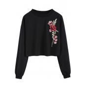 Chic Floral Embroidered Long Sleeve Round Neck Pullover Sweatshirt