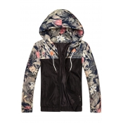 Floral Pattern Color Block Zip Placket Long Sleeve Hooded Jacket