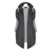 New Fashion Color Block Panel Hooded Open Front Long Sleeve Coat