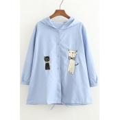 New Fashion Lovely Cartoon Cat Embroidered Hooded Long Sleeve Buttons Down Coat