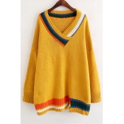 Fashionable V-Neck Contrast Trim Double-Knit Dropped Shoulder Long Sleeve Sweater