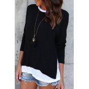 Contrast Round Neck Long Sleeve Side-Split Patchwork Loose Tiered Tee