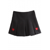 Chic Heart Shape Embroidered Zip Fly Mini Pleated Winter Skirt