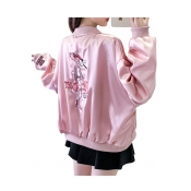 Chic Embroidery Cartoon Pattern Long Sleeve Zipper Stand-Up Collar Jacket
