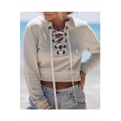 Fashion Lace-Up Front Long Sleeve Round Neck Plain  Cropped Pullover Sweatshirt